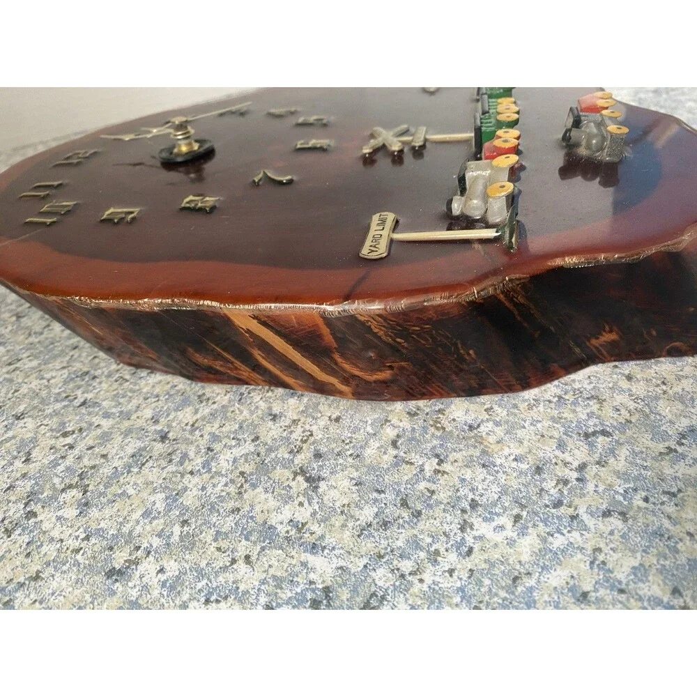 Vtg Hand Made Wood Slab Live Edge quarts wall  Clock w Train  Railroad Crossing